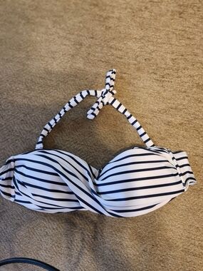 Striped Navy and White Twist Bandeau Swim Top - Women M